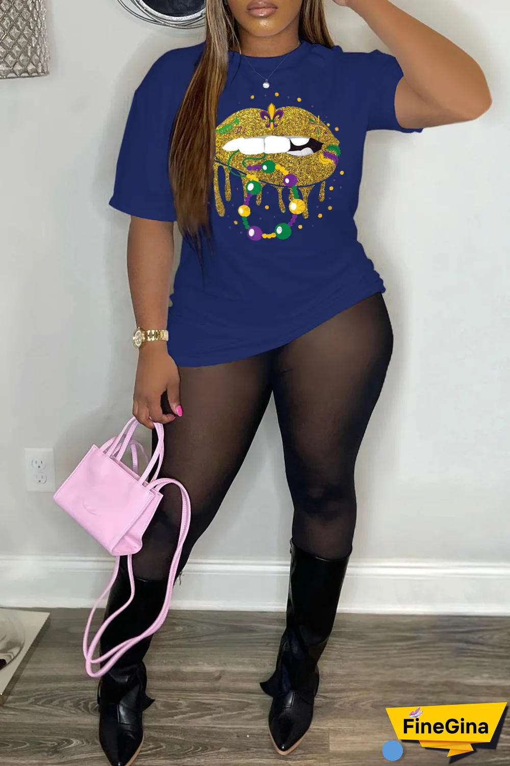 Grey Party Vintage Lips Printed Patchwork O Neck T-Shirts