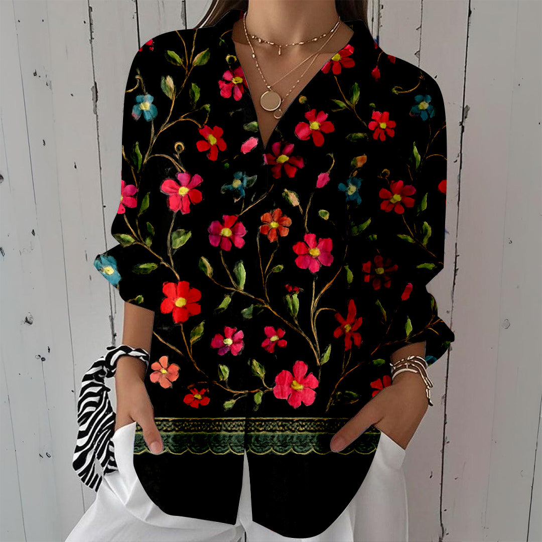 Women Long Sleeve V-neck Graphic Floral Printed Top