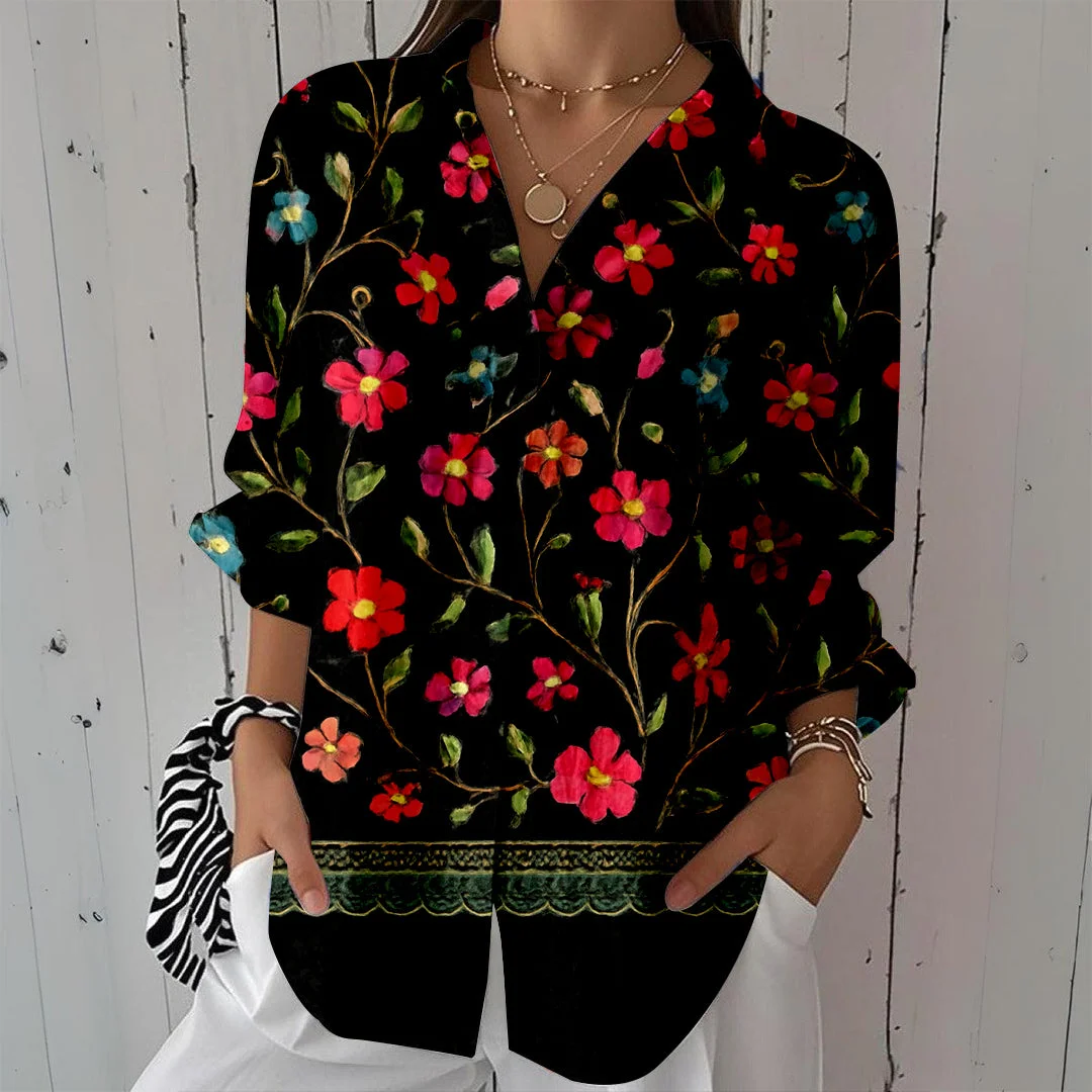 Style & Comfort for Mature Women Women Floral, Black DZCL0055 3/4 Sleeve Shirt Collar Printed Button Tops