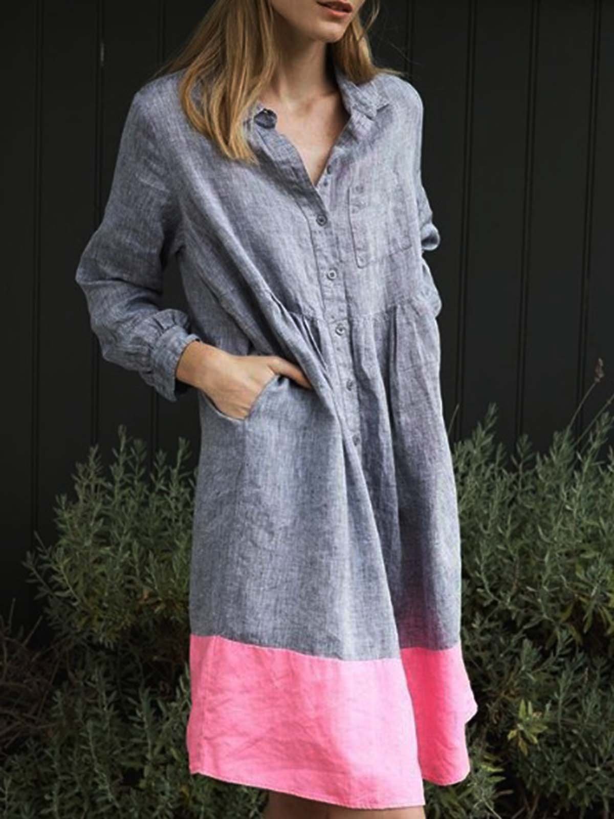 Gray Cotton-Blend Long Sleeve V Neck Dresses