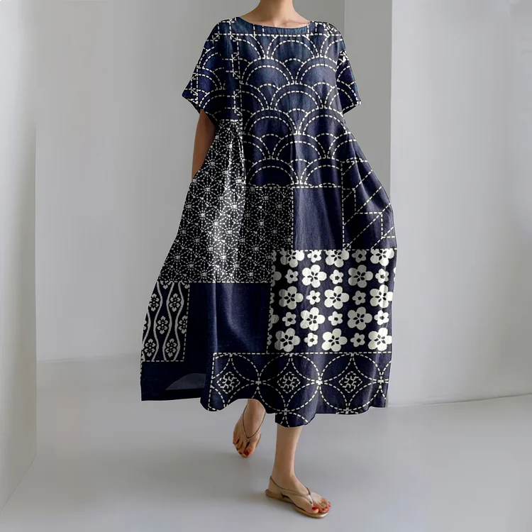 Vintage Japanese Indigo Blooming Traditional Sashiko Patchwork Art Printed Crew Neck Casual Midi Dress