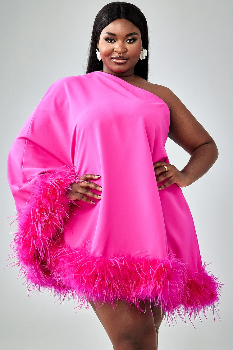 Xpluswear Design Plus Size Party Dress Hot Pink One Shoulder Feather Mini Dress [Pre-Order]
