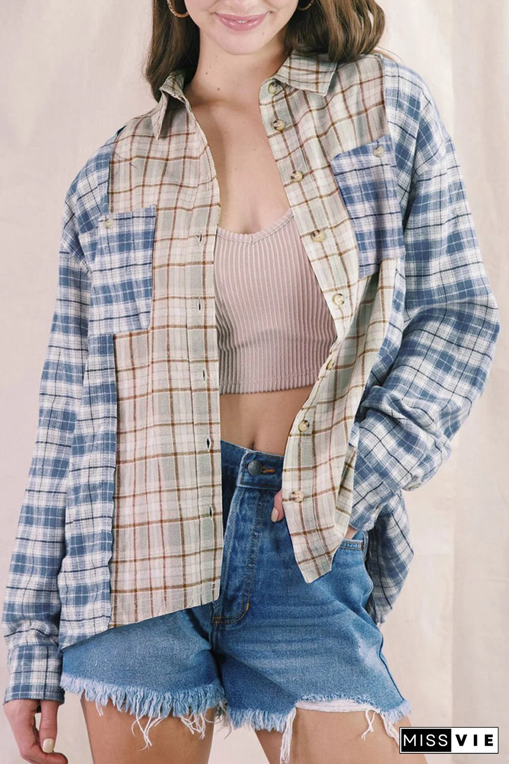 Plaid Color Block Pocket Button-up Long Sleeve Shirt