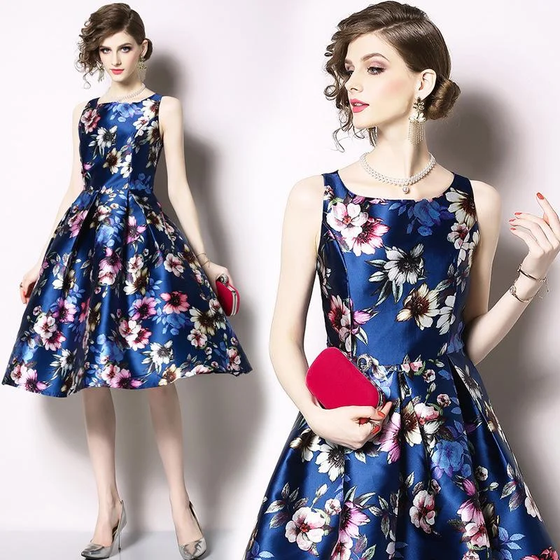 Women's new round neck thick satin flower big hem mid-length sleeveless dress