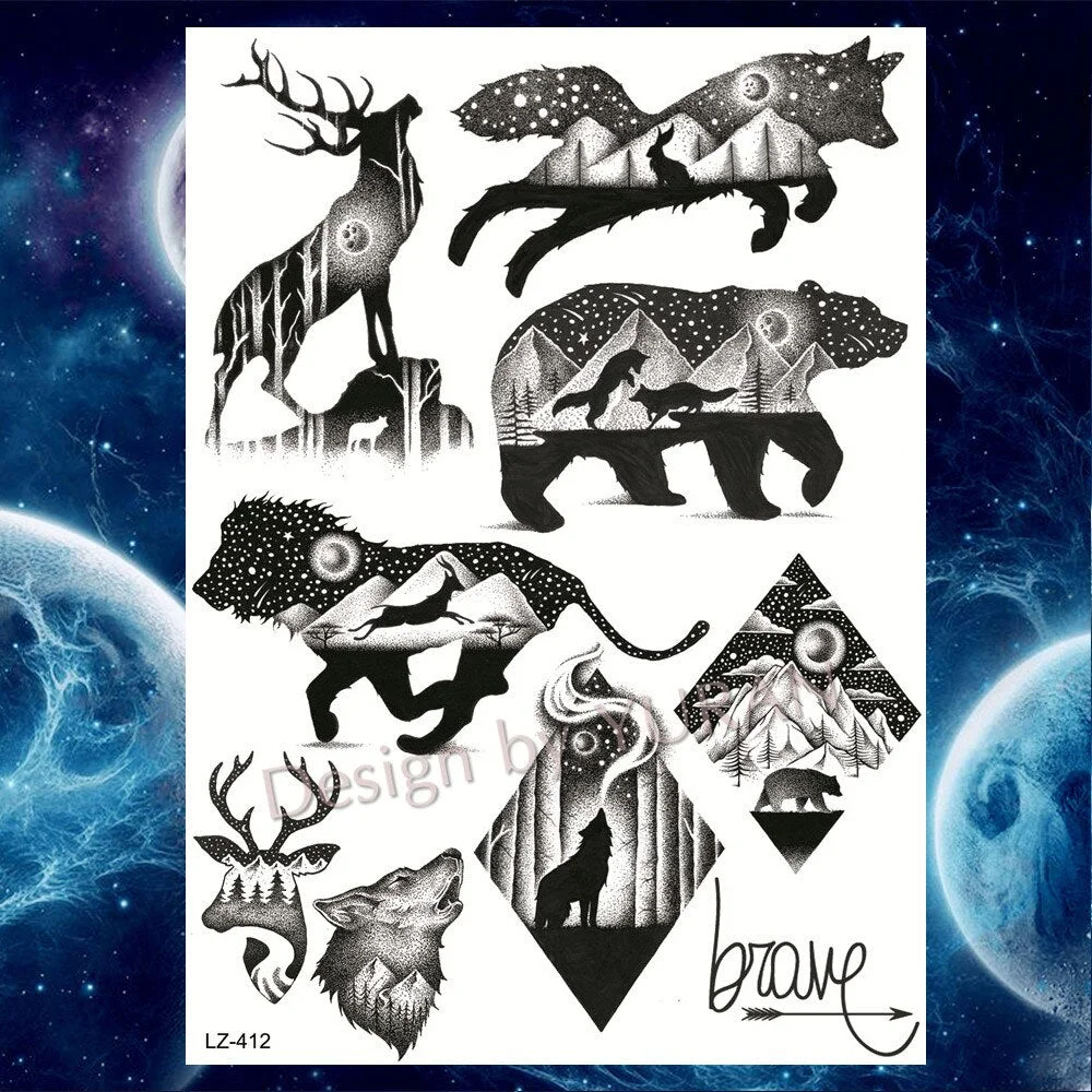 Tribal Forest Animals Black Galaxy Triangle Wolf Animals Temporary Tattoo Stickers Women Men Deer Tatoo Waterproof Arm Tattoos