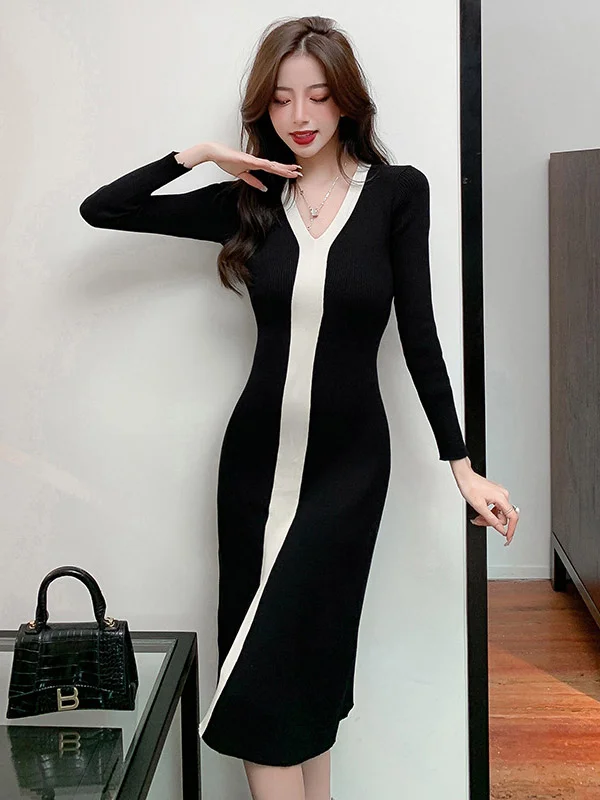 Original Contrast Color Split-Joint Long Sleeves Midi Dress