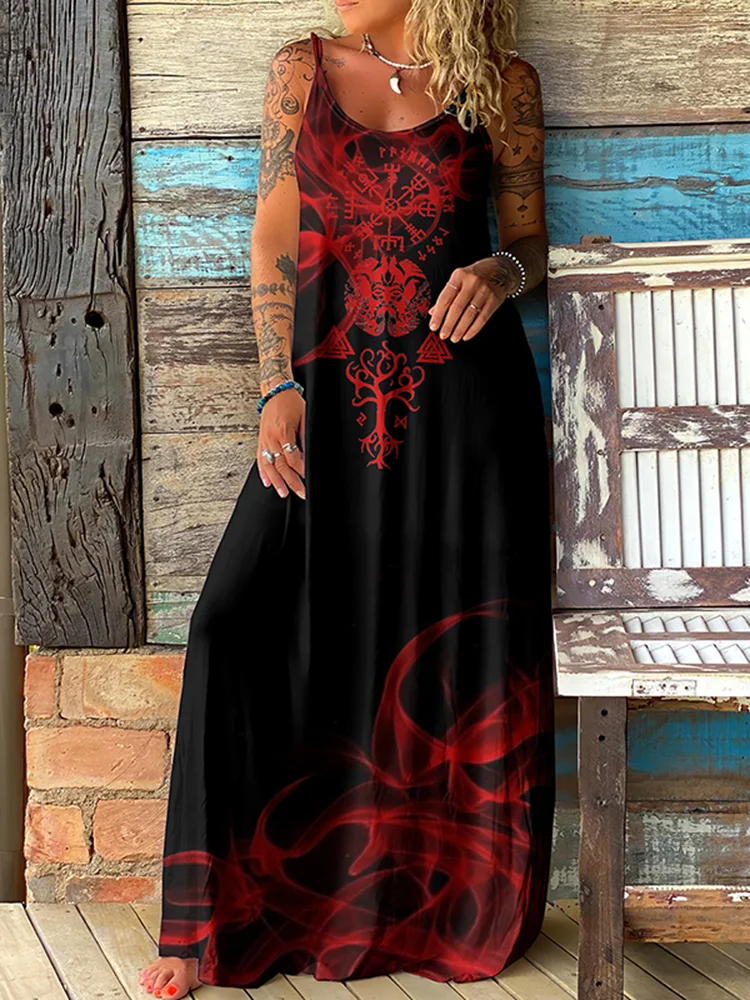 Viking Totem Flame Print Suspender Maxi Dress