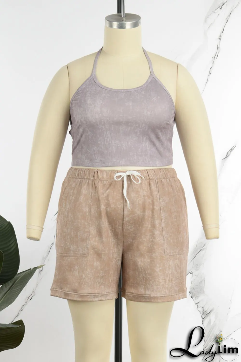 Rose Red Casual Print Patchwork Spaghetti Strap Plus Size Two Pieces