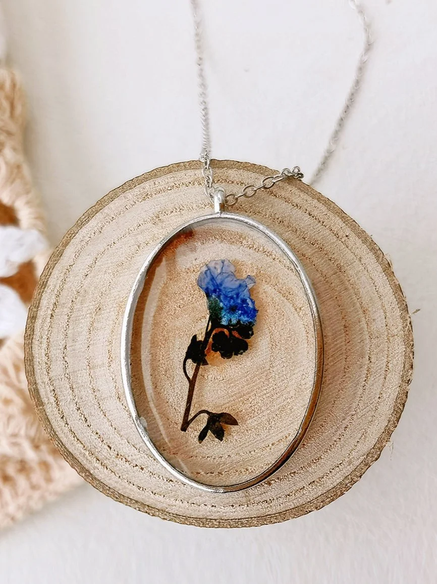 Pressed Flower Necklace -  Forget Me Not Flower Oval