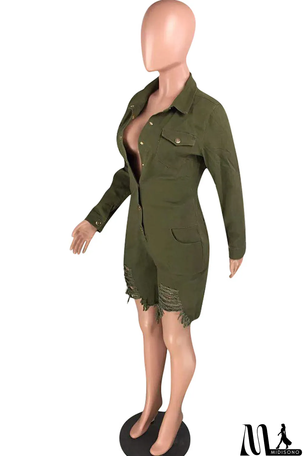 MidiSono - Black Sexy Solid Button washing Cotton Long Sleeve Turndown Collar Rompers