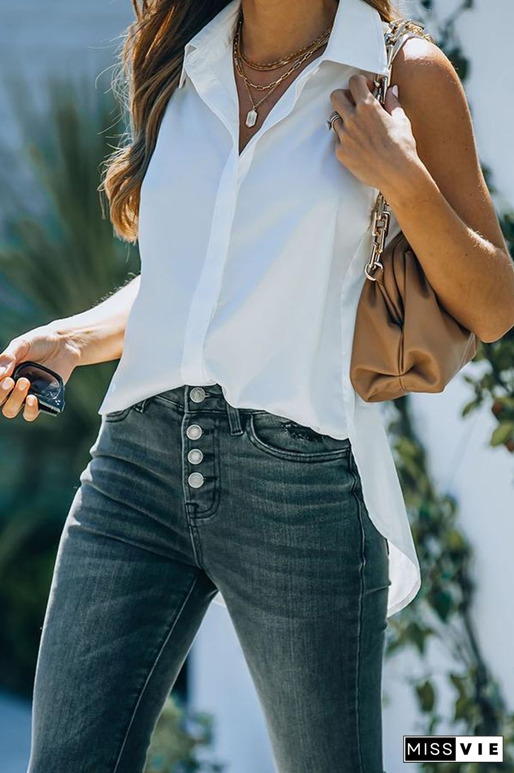 Satin Sleeveless Button Down Blouse