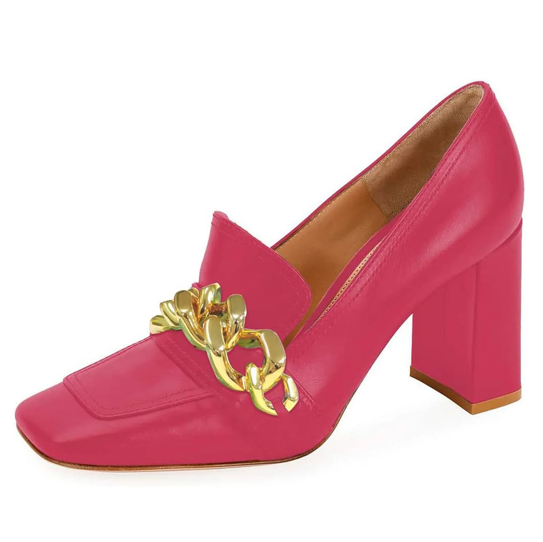 YDN Square Toe Gold Chain Pull-On Loafer Heels in Magenta