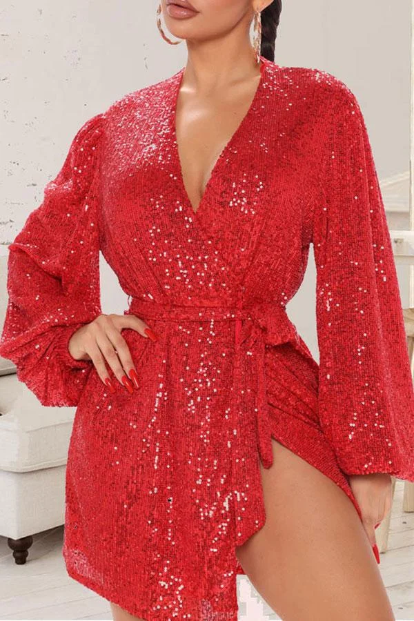 Sequined Sparkly Deep V Neck Mini Dress With Belt
