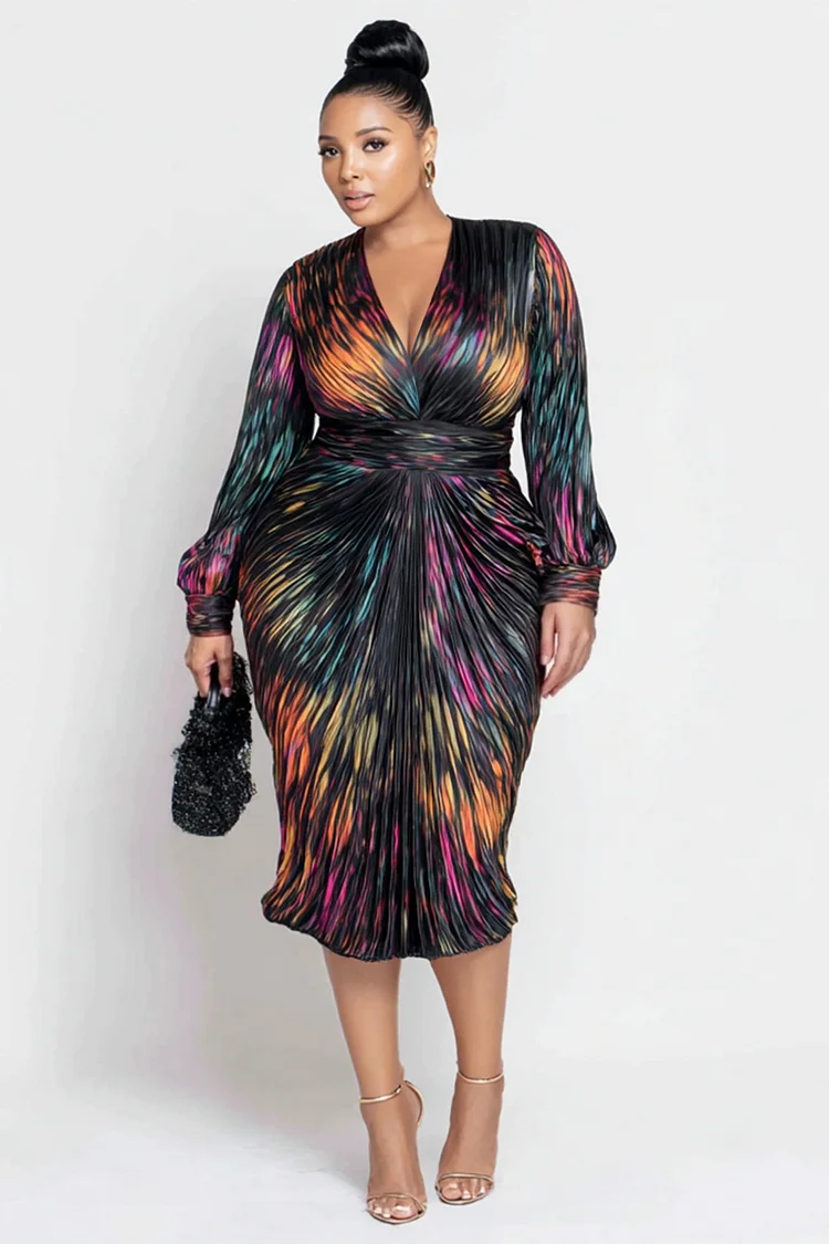Xpluswear Design Plus Size Business Casual Multicolor All Over Print V Neck Long Sleeve Bodycon Elegant Satin Midi Dresses 2024 - Xpluswear