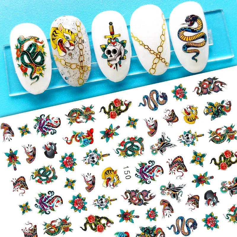 1 Sheet Dragon Snake Stickers Nail 3D Black Gothic Style Self Adhesive Slider Leaves Flowers Nails Art Decoration Decals Wraps-Nail Inspo