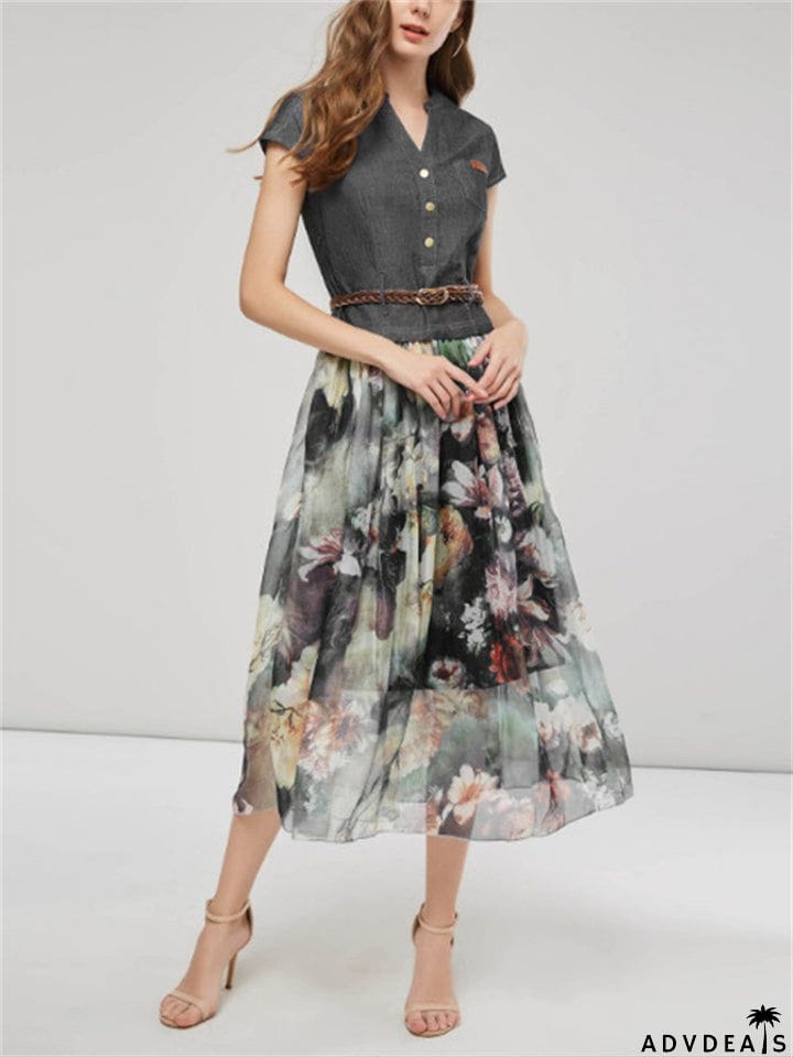 Women's Elegant Ink Flower Denim Chiffon Splicing Dress with Belt