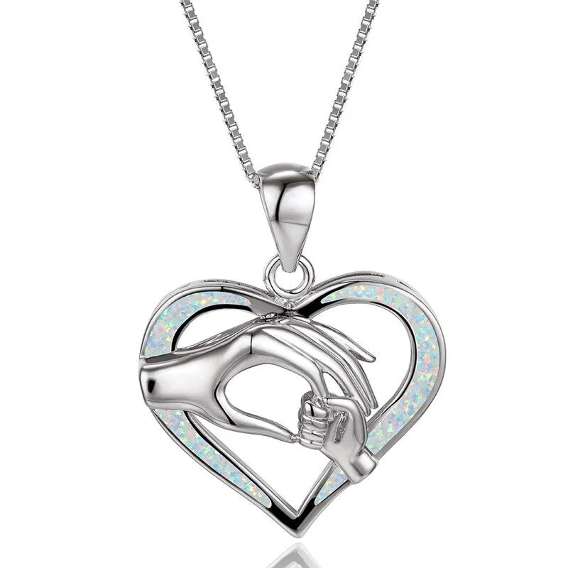 Boho Female Hand In Hand Pendant Necklace Rose Gold Silver Color Chain Necklace Cute White Blue Opal Heart Necklaces For Women