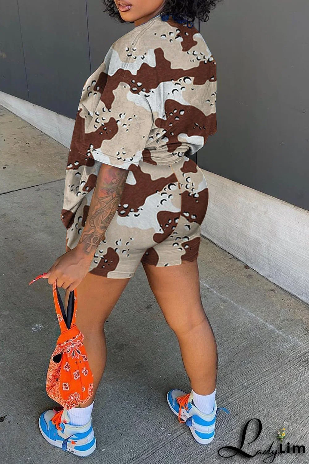 Army Green Casual Print Patchwork O Neck Short Sleeve Two Pieces