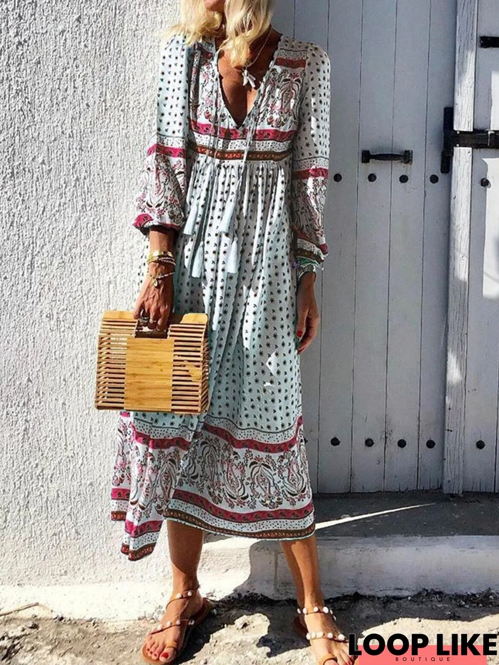 Paneled V-Neck Summer Dress Fashion 3/4 Sleeve Bohemian Dress