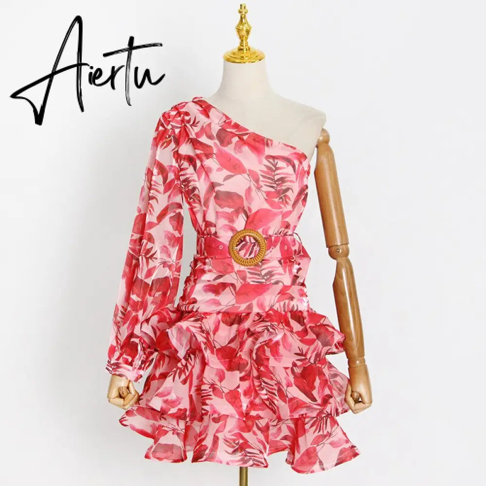 Summer New Women's Casual Holiday Dress Sexy Asymmetric Red Print Ruffle Short Skirt Fashion Elegant Ladies Clothing Aiertu