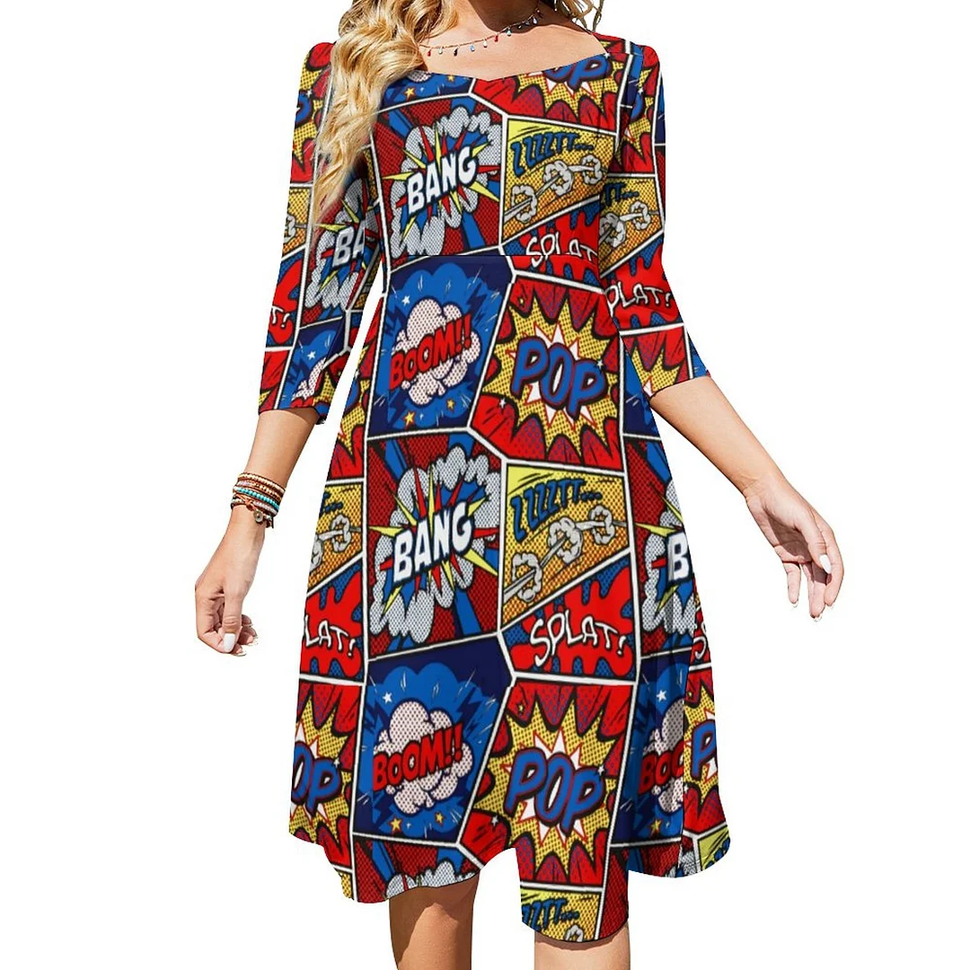 Pow Bang Boom Fun Super Hero Dress Sweetheart Tie Back Flared 3/4 Sleeve Midi Dresses