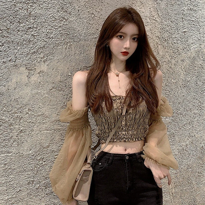 Shirts Women Slash Neck Sexy Crop Tops Chiffon Elastic Korean Style Folds Slim Design Off Shoulder Retro Streetwear Ins Trendy