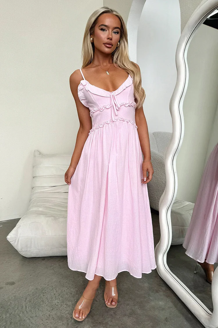 Ruffled Trim V Neck Solid Color A-Line Slip Maxi Dresses-Pink