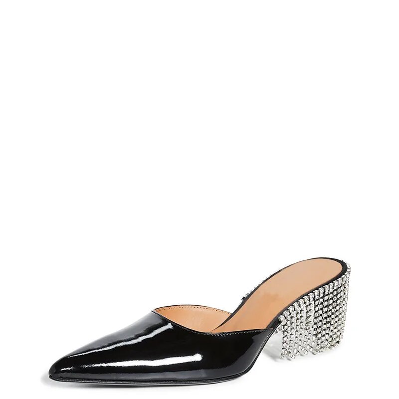 TAAFO Red Crystal Fringe High Heels Women Mules Pointed Toe Pumps Ladies Party Shoes 