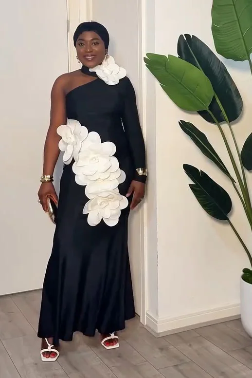 One Shoulder Sleeve 3D Floral Party Maxi Fishtail Dresses-Black