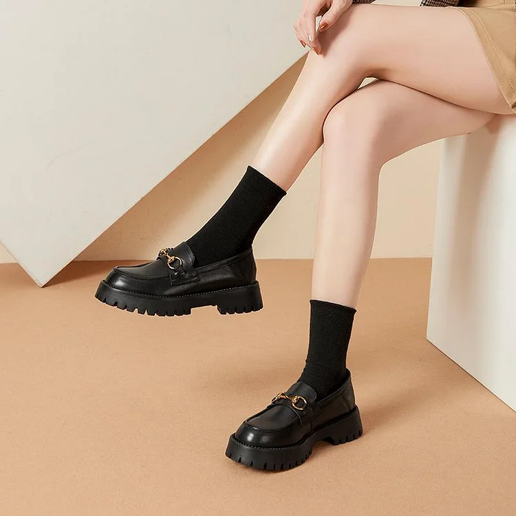 Chunky Loafers Women Smooth Genuine Leather Platform Shoes Round Toe Metal Chain Slip on Handmade shopify Stunahome.com