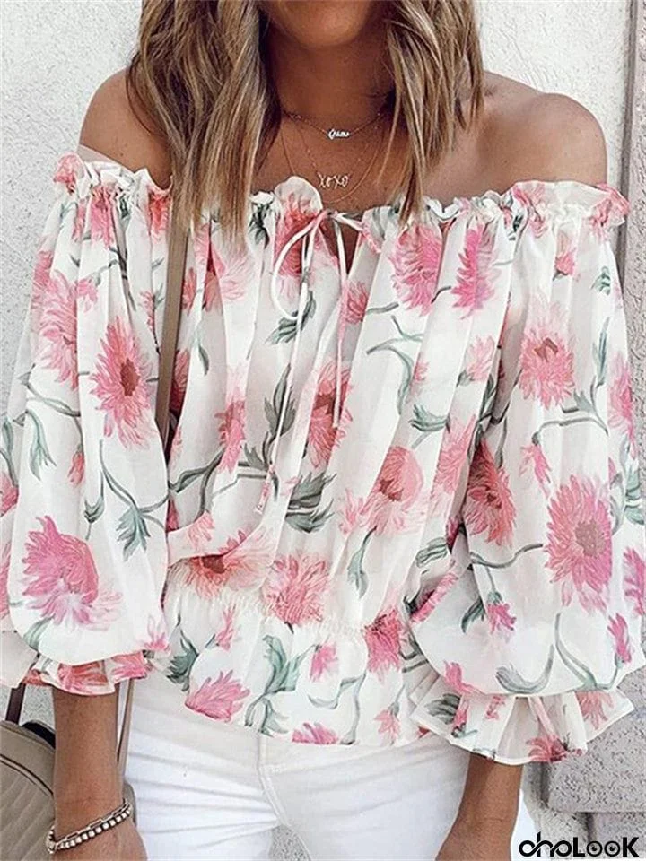 Women’s Sweet Off Shoulder Puff Sleeve Floral Chiffon Shirt