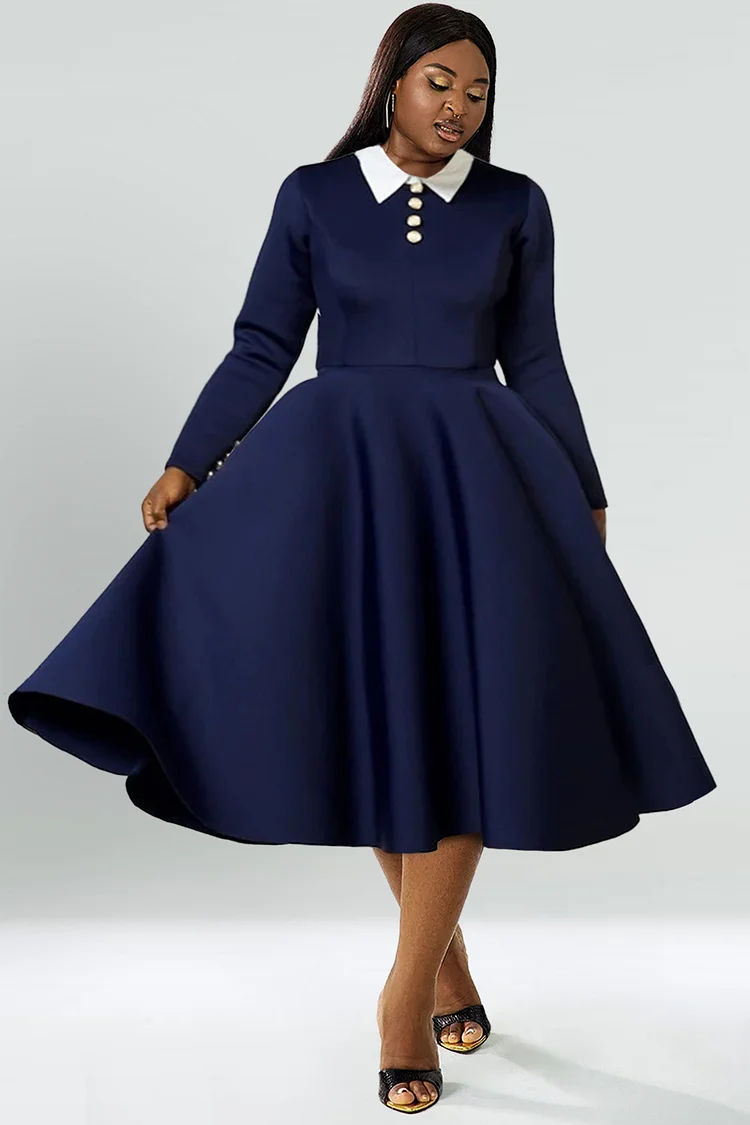 Xpluswear Design Plus Size Semi Formal Dress Navy Blue Button Long Sleeve Midi Dress [Pre-Order]