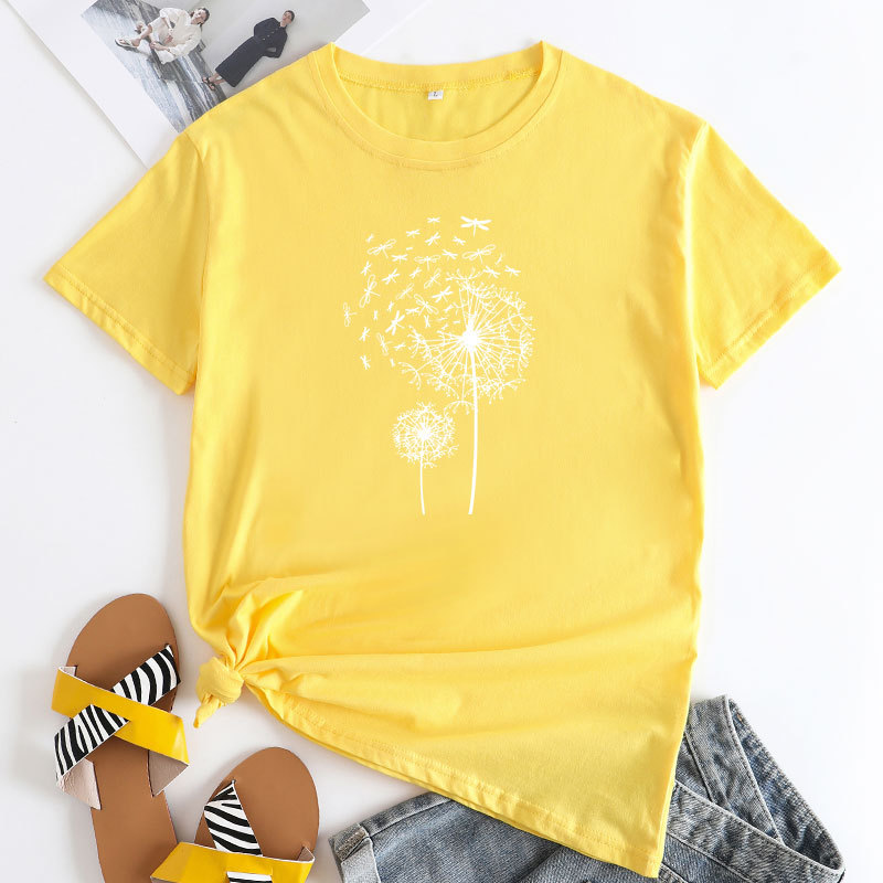 Dragonfly Dandelion Print Women's Cotton T-Shirt | ARKGET