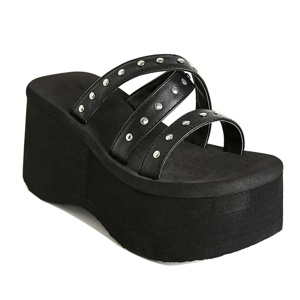 Brand New 2022 High Heels Black Gothic Comfy Walking Wedges Summer Thick Platform Sandals Shoes Woman Slipper Big Size 43