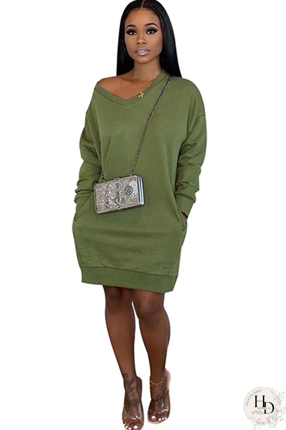 Olive green Acetyl fiber Sexy Cap Sleeve Long Sleeves V Neck Straight Knee-Length Solid
