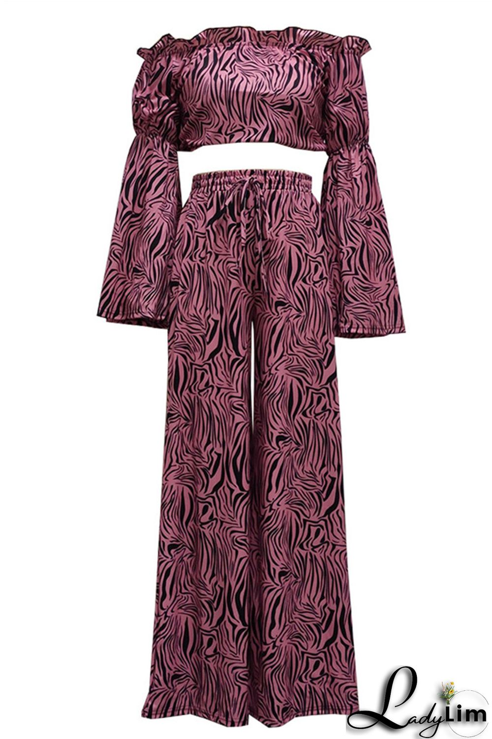 Pink Purple Fashion Casual Print Split Joint Off the Shoulder Long Sleeve Two Pieces