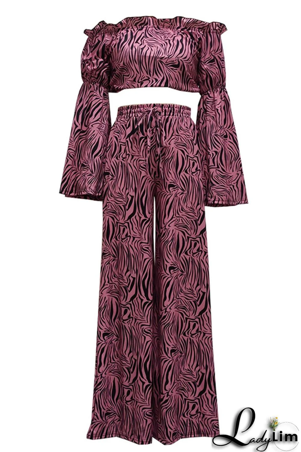 Pink Purple Fashion Casual Print Split Joint Off the Shoulder Long Sleeve Two Pieces