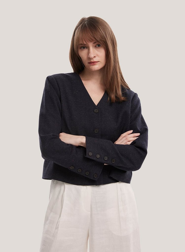 Collarless Buttoned Wool Short Jacket