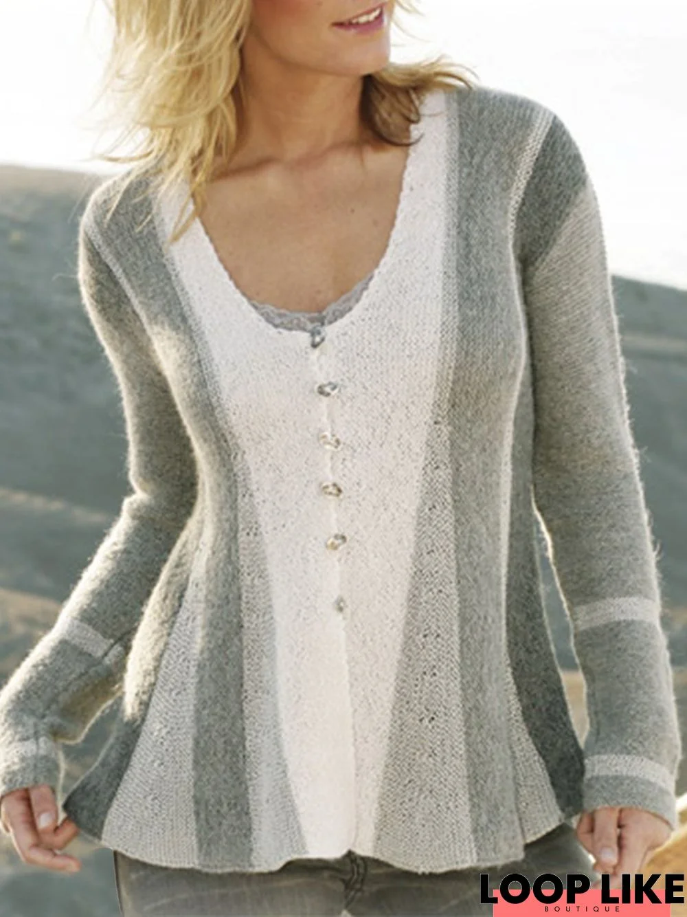 Gray Vintage Long Sleeve Scoop Neckline A-Line Sweater coat