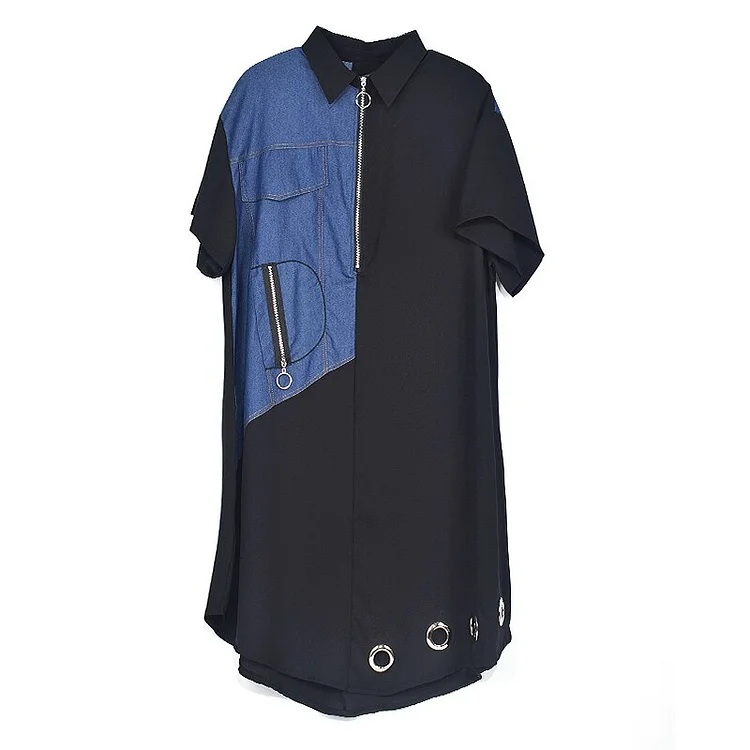 Fashion Loose Zip-up Lapel Asymmetric Patchwork Denim Half Sleeve Hollow Out Hem Dress