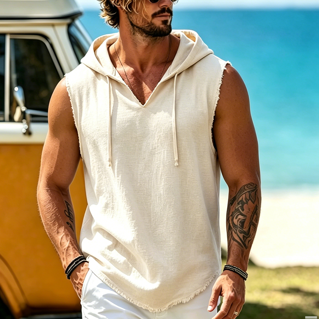Men's Linen Linen Sleeveless Hooded Tank Top Avantcool