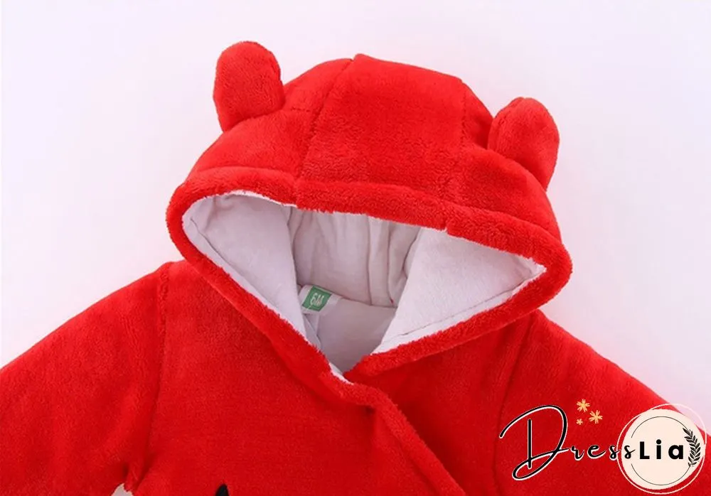 Newborn Baby Girl Boy Solid Color Cartoon Bear Velvet Hooded Jumpsuit Winter Warm Thick