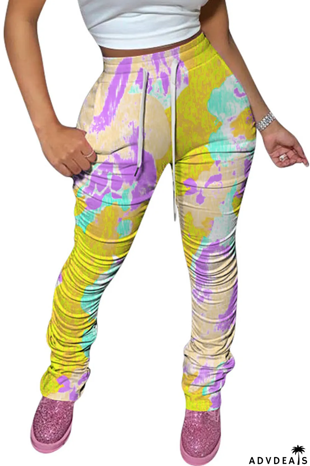 Green colour Polyester Drawstring Sleeveless High Patchwork Print bandage Draped pencil Pants Bottoms