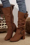 Women's Suede Double Buckled Side Zipped Mid-calf Boots