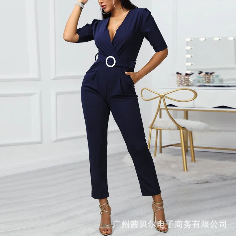 Nncharge Women's Jumpsuit Dark Blue V-Neck Short Sleeve Bodysuit 2023 Summer Latest Fashion