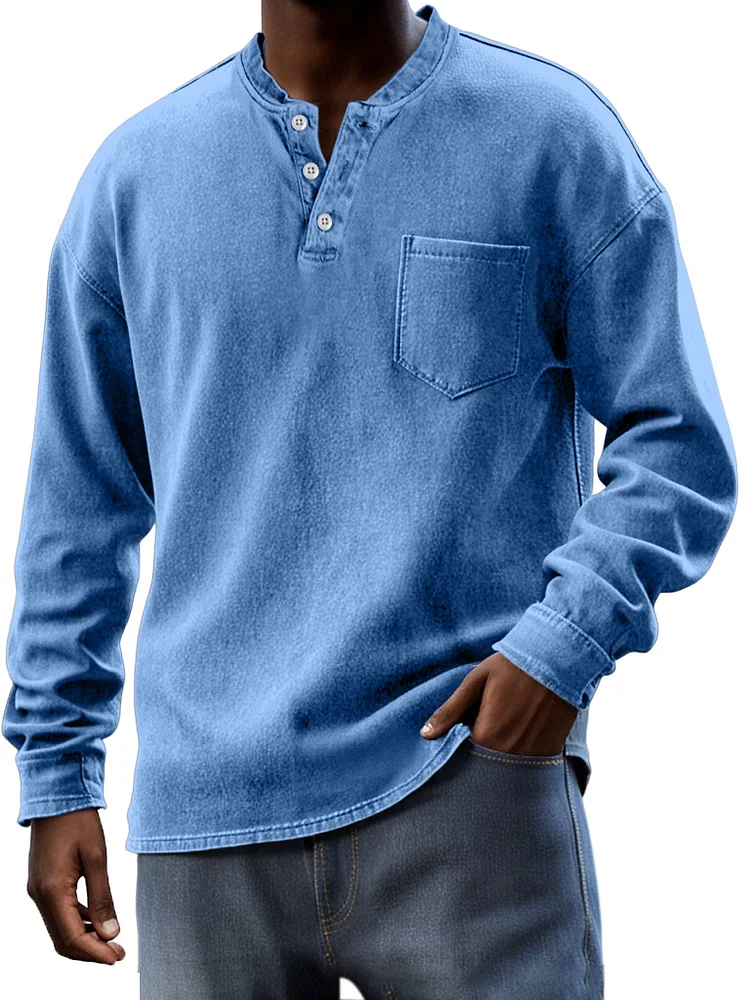 Men's Casual Retro Simple Solid Color Button Henley Shirt