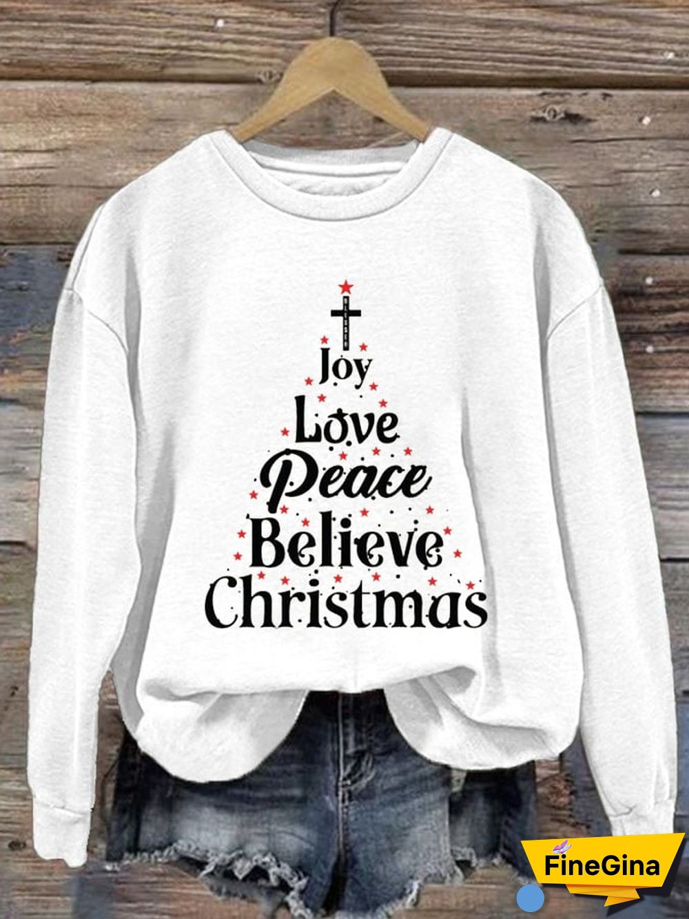 Women'S Joy Love Peace Believe Christmas Crew Neck Sweatshirt