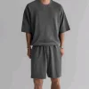 Men's Casual Loose-Fit Solid-Color Crewneck T-Shirt & Shorts Two-Piece Athletic Set by Inlyline