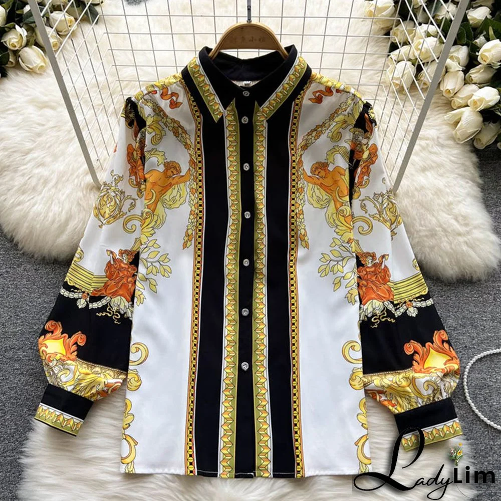 Yellow Fashion Casual Print Patchwork Turndown Collar Long Sleeve Two Pieces