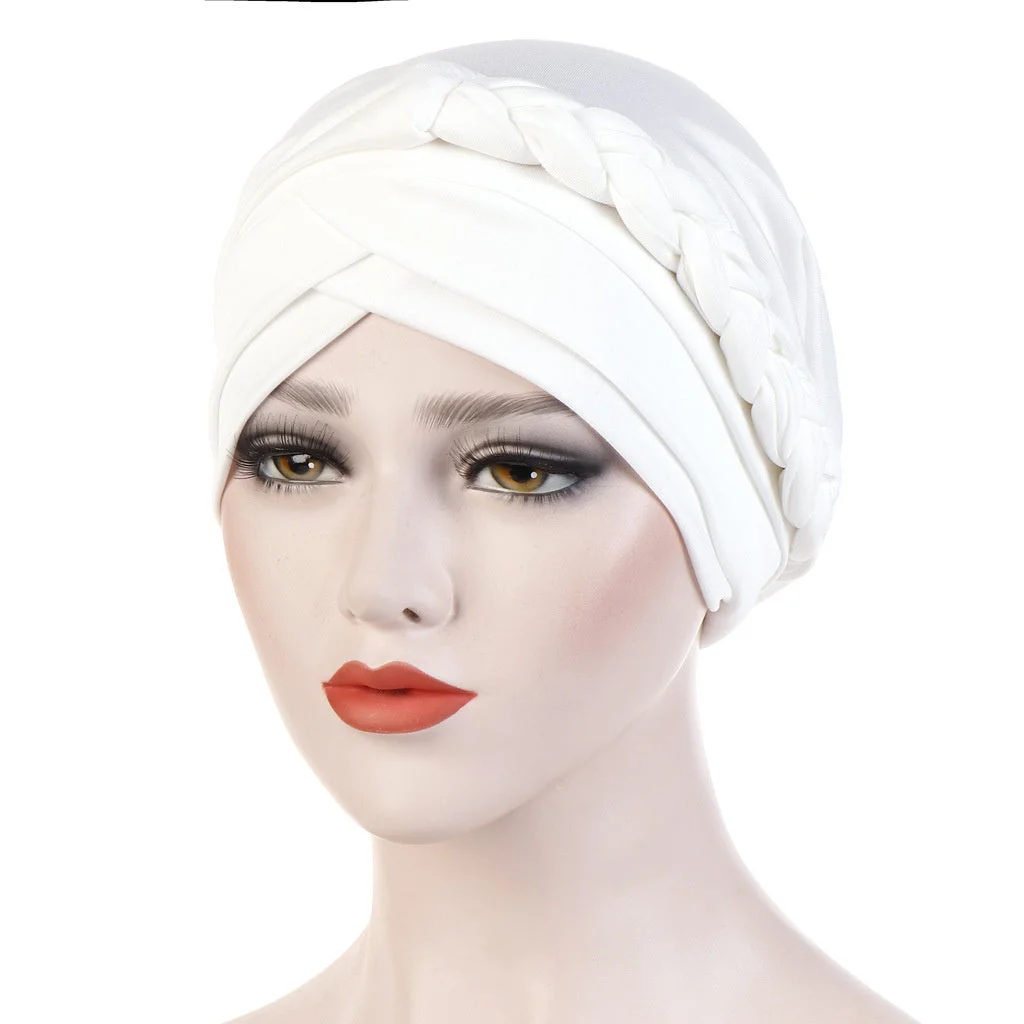 Women's Pure Color Unilateral Twist Braid Muslim Turban Hat Cap